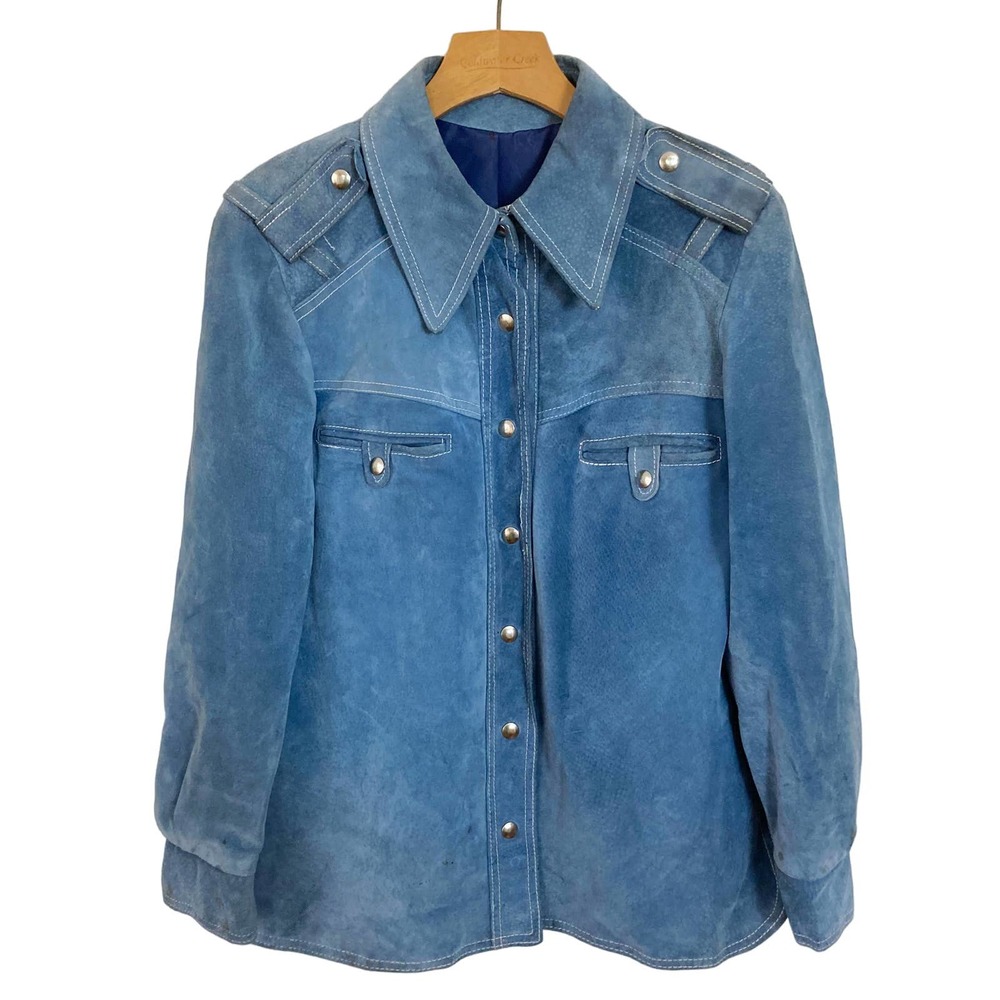 Vintage 70s Mens‎ Blue Suede Leather Dagger Collar Jacket // Size Small